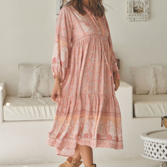 Jaase Swan Lake Ezra Midi Dress sz Medium BNWT Peony pink peachy boho Swans gown - Picture 6 of 9